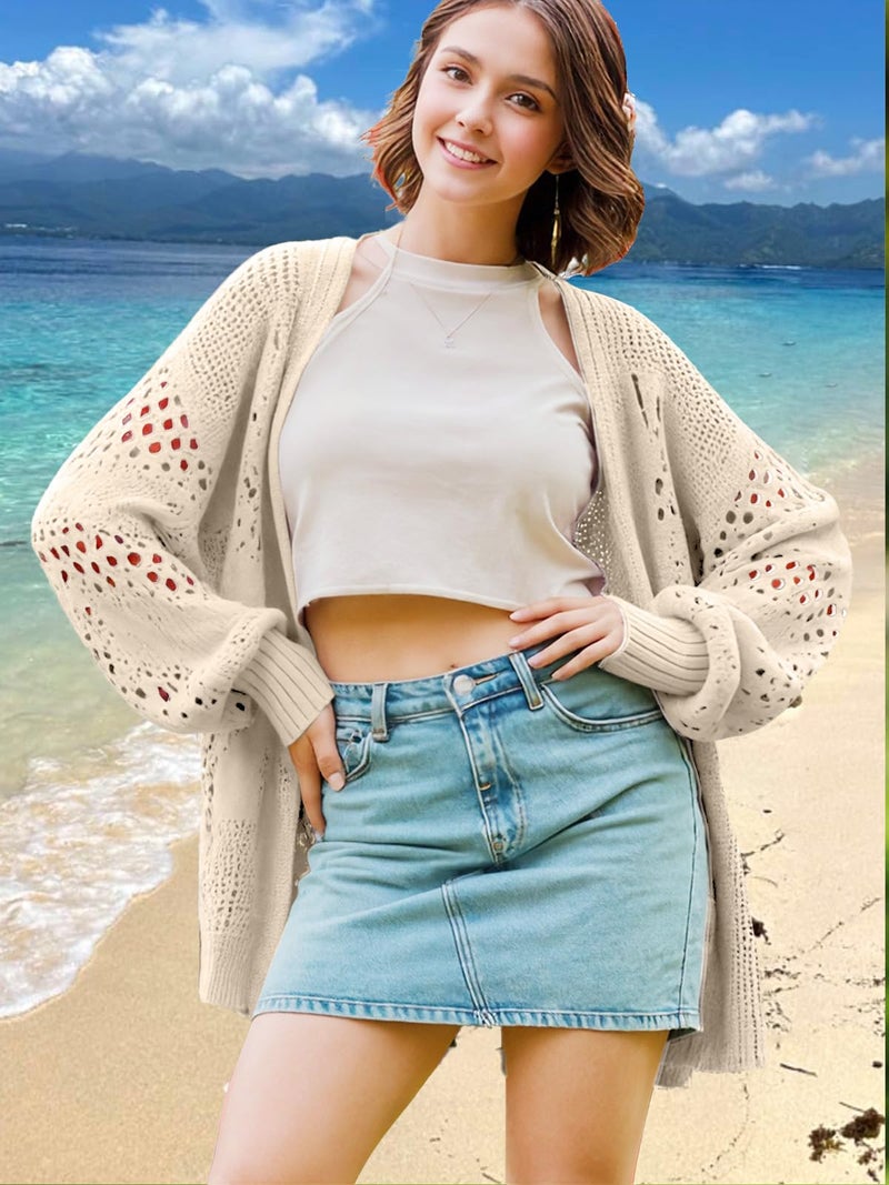 WIFFGO Womens Summer Crochet Lightweight Cardigan Coverups Boho Kimono Long Sleeve Open Front Knitted Outwear Cover Up Outfits A-Beige - Image 2