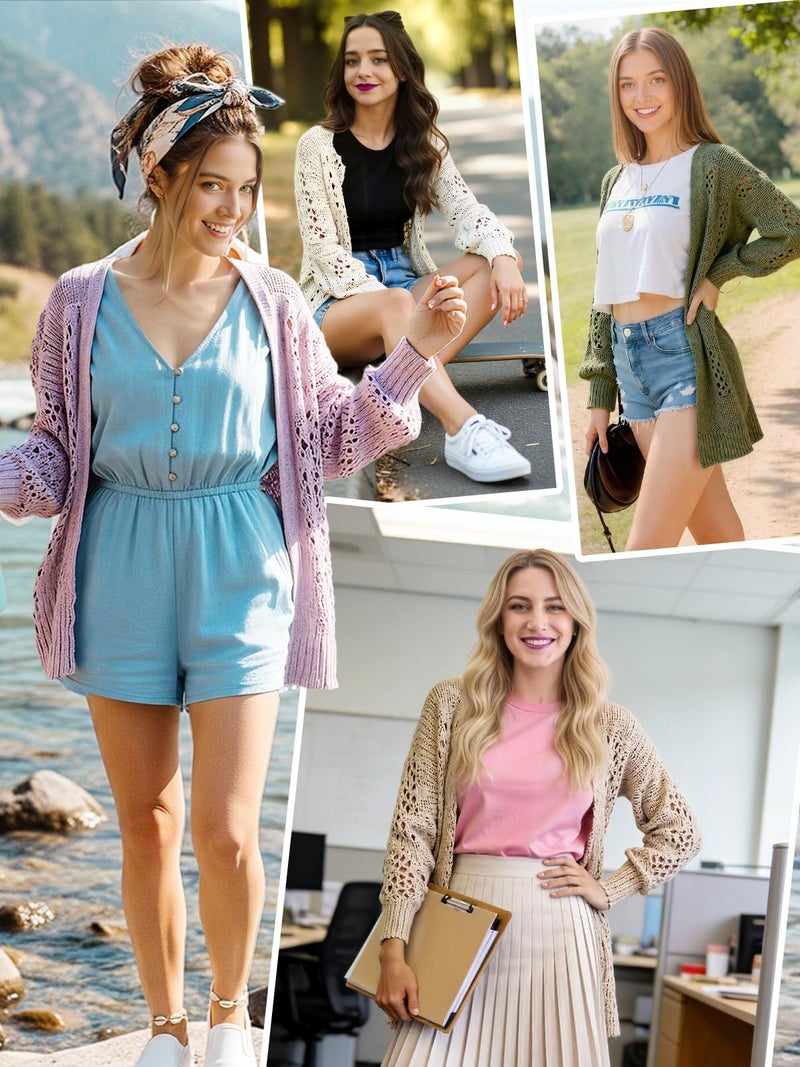 WIFFGO Womens Summer Crochet Lightweight Cardigan Coverups Boho Kimono Long Sleeve Open Front Knitted Outwear Cover Up Outfits A-Beige - Image 5