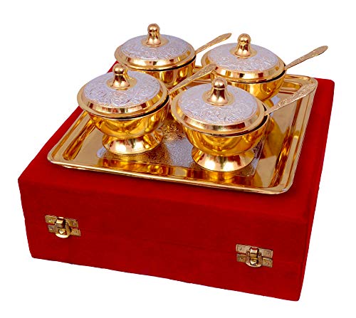 Piepot Brass Mouthfreshner Set Silver Gold Plate Pack Of 13 Pc Bowl With Lid German Silver Items For Gift Marriage Gift Return Gift Corporate Use 200 ML - Image 1