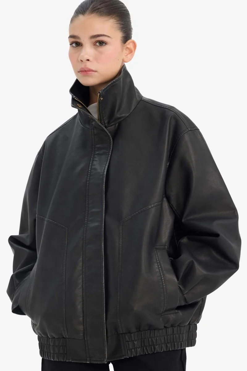 DeFacto Dad Fit Faux Leather Faux Leather Jacket