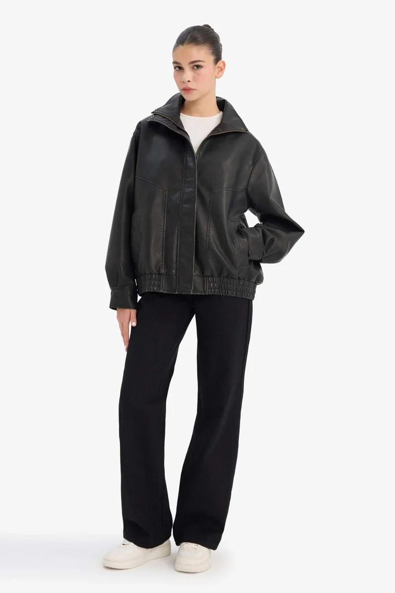 DeFacto Dad Fit Faux Leather Faux Leather Jacket