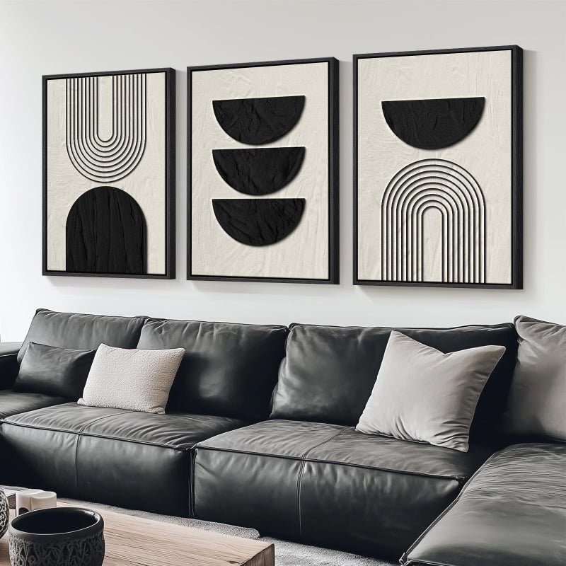 Cuspin Framed Boho Wall Art for Living Room, Large 3 Piece Neutral Geometric Black and Beige Abstract Pictures Wall Art Decor, Farmhouse Vintage Artwork Home Decor for Hallway Office Guest Room 24x36 Inch - Image 4