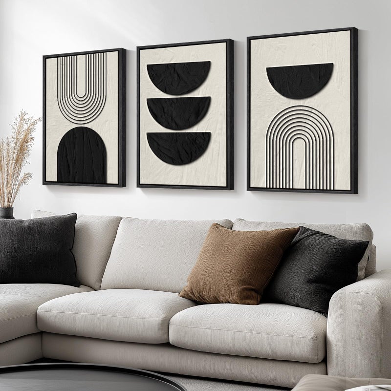 Cuspin Framed Boho Wall Art for Living Room, Large 3 Piece Neutral Geometric Black and Beige Abstract Pictures Wall Art Decor, Farmhouse Vintage Artwork Home Decor for Hallway Office Guest Room 24x36 Inch - Image 1