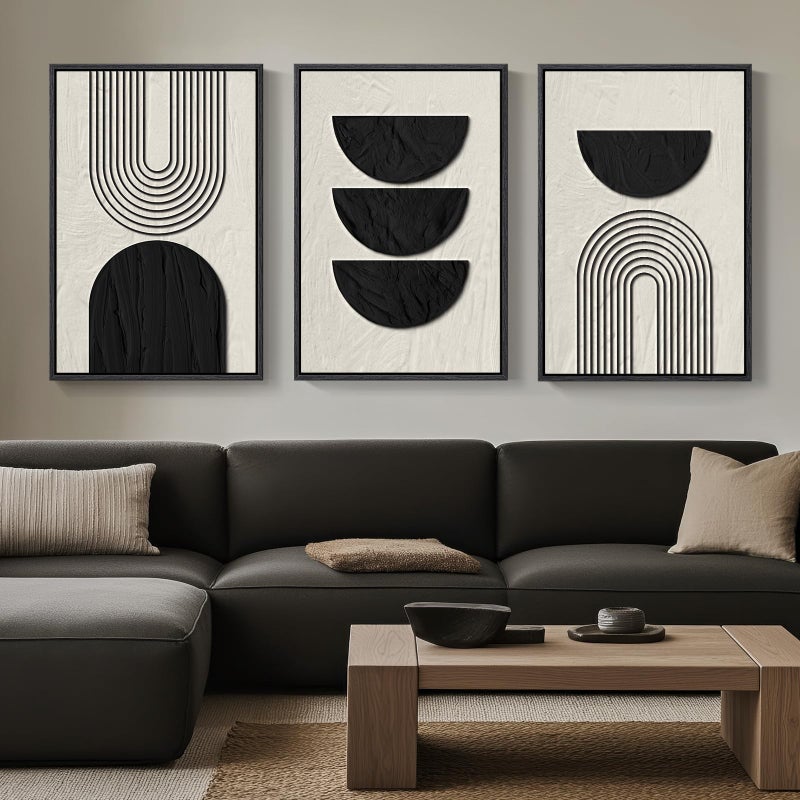 Cuspin Framed Boho Wall Art for Living Room, Large 3 Piece Neutral Geometric Black and Beige Abstract Pictures Wall Art Decor, Farmhouse Vintage Artwork Home Decor for Hallway Office Guest Room 24x36 Inch - Image 2