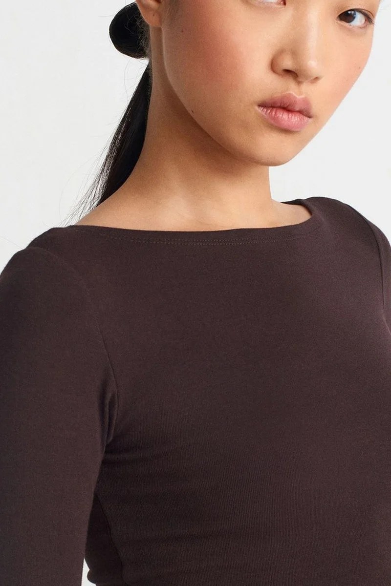 Dilvin Coffee Brown DILVIN Women’s Slim-fit Boat Neck Long-sleeve Blouse for Women | Best Price UAE