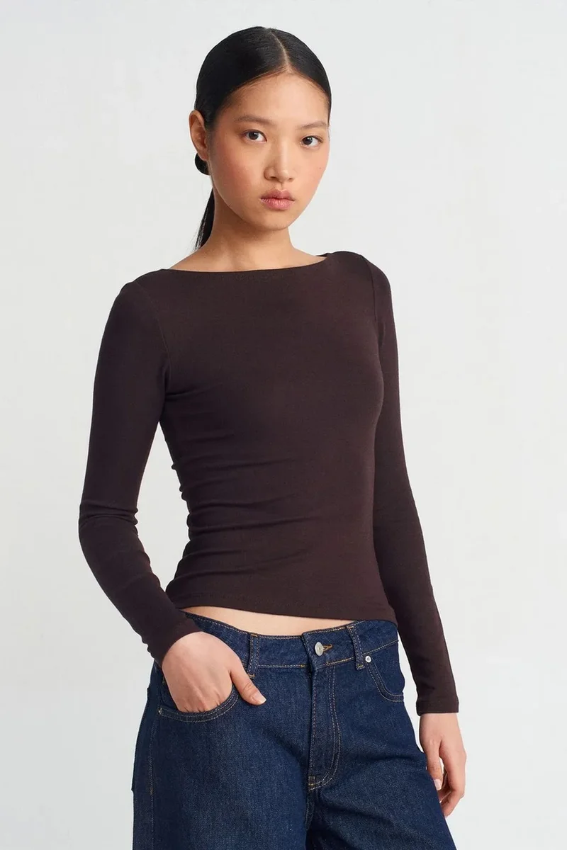 ديلفين DILVIN Women’s Slim-fit Boat Neck Long-sleeve Blouse