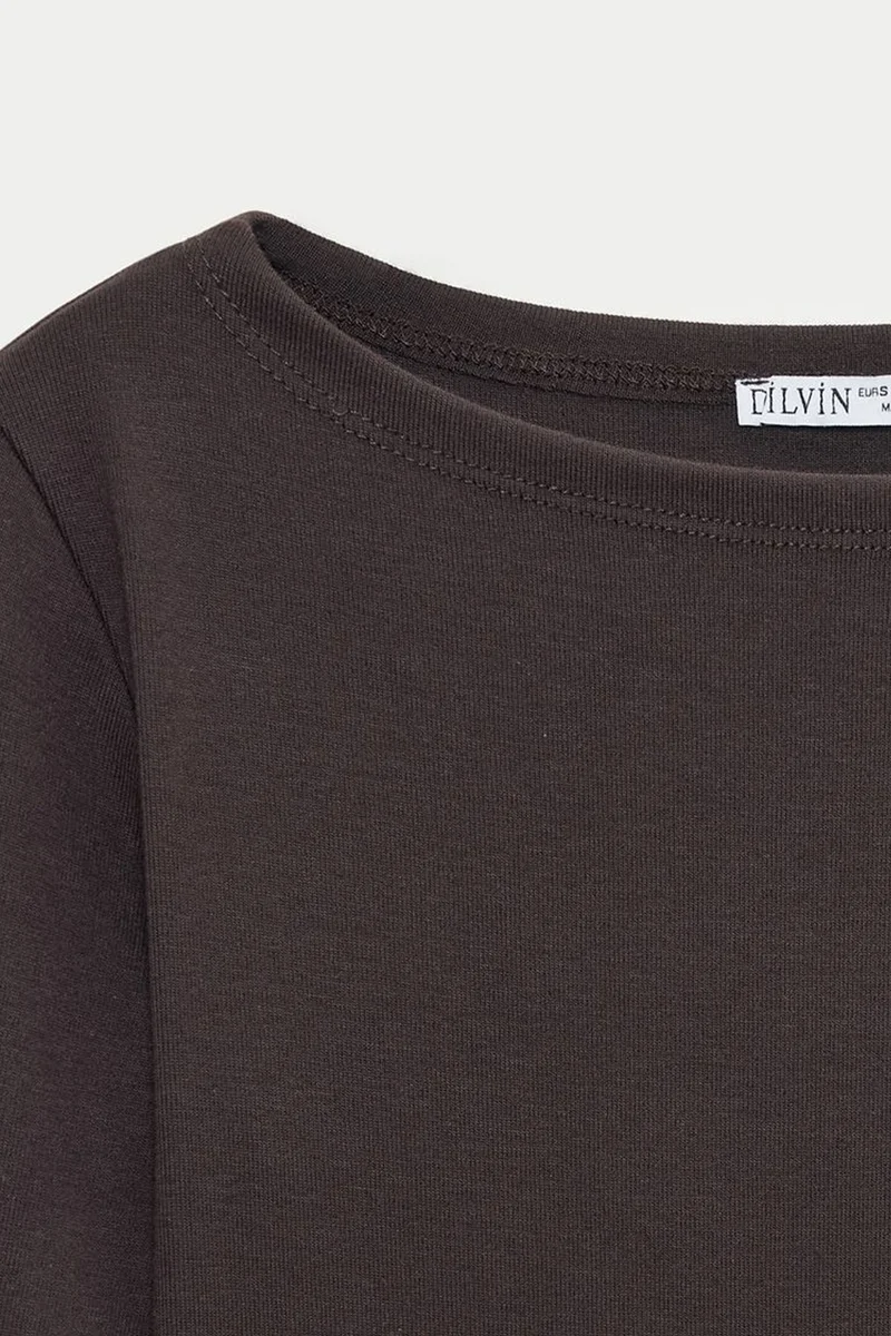 Dilvin Coffee Brown DILVIN Women’s Slim-fit Boat Neck Long-sleeve Blouse for Women | Best Price UAE
