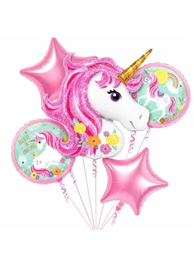 Unicorn Mylar Foil Balloon Set, 5-Pack Pink with Star and Round Balloons for Birthday Parties - Image 1