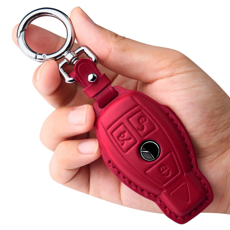 Tukellen for Mercedes Benz Key fob Cover Genuine Leather with KeychainLeather Key case Protector Compatible C E M S CLS CLK GLK GLC G AMG Series Smart Remote KeyRed