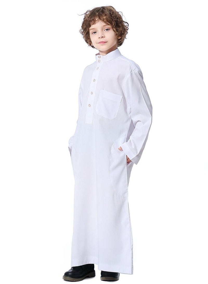 إسكدنيا Boys Solid Color Stand  Collar Long Sleeve Abaya Robe Islamic Arabic Kaftan White  - Image 2