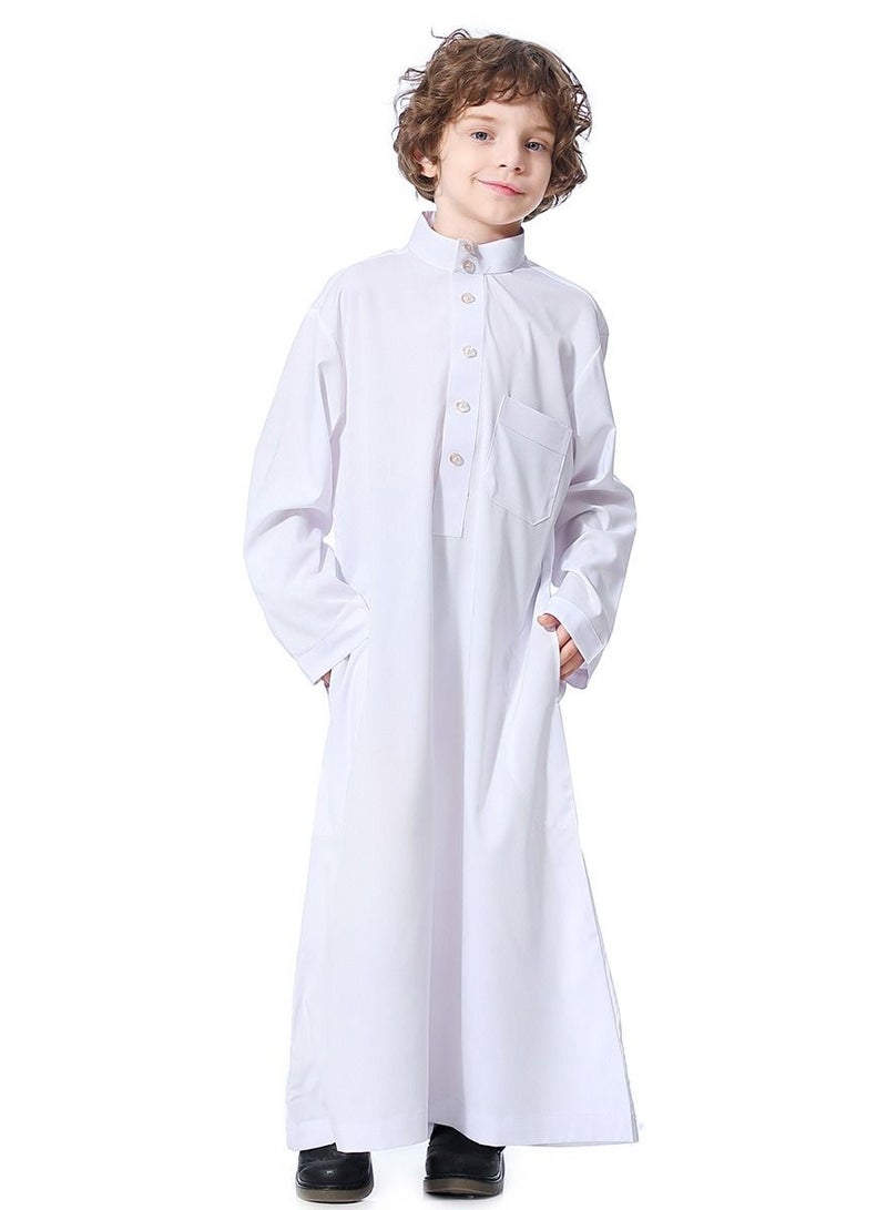 إسكدنيا Boys Solid Color Stand  Collar Long Sleeve Abaya Robe Islamic Arabic Kaftan White  - Image 1