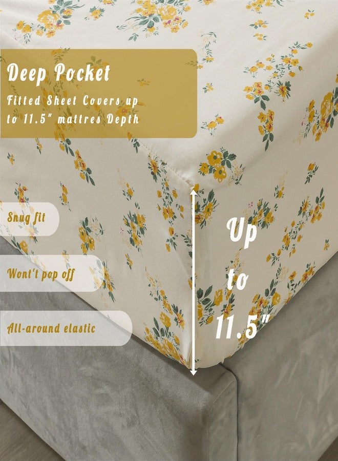 La Sheer 100% Cotton Percale Sheets for Queen Size Bed - 14 Inches Deep Pocket Perfect Fitting - Crispy Cool & Comfortable - Yellow Floral (4 Piece Bed Sheets) - Image 5