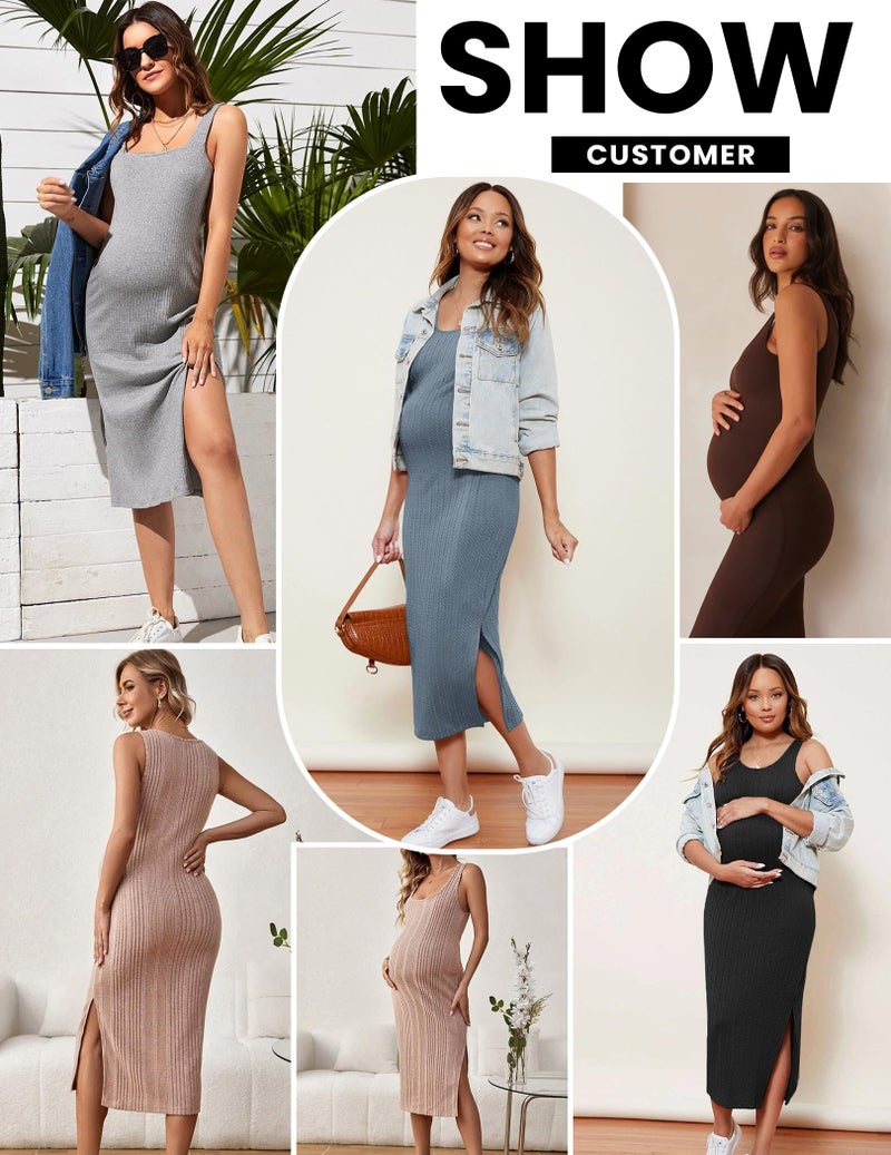 Ekouaer Women Tank Maternity Dress Sleeveless Ribbed Knit Pregnancy Dresses Round Neck Pregnant Loungewear Blue XL - Image 5