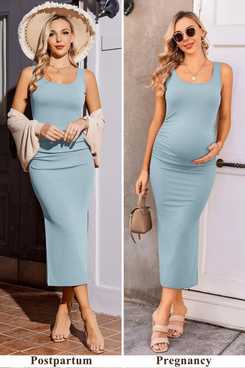 Ekouaer Women Tank Maternity Dress Sleeveless Ribbed Knit Pregnancy Dresses Round Neck Pregnant Loungewear Blue XL - Image 4