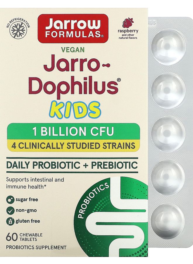 jarrow formulas Jarro-Dophilus Kids Daily Probiotic + Prebiotic Raspberry 1 Billion CFU 60 Chewable Tablets