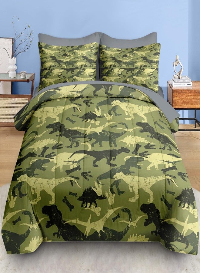 Pamnest Comforter Set Queen Size, Camouflage Dino Dinosaur 7 Pcs Bedding for Kids and Adults, Cute Funny Green Bed Sheet Sets with Fitted Sheet 2 Pillowcases & 2 Shams for Bedroom Bed Decor - Image 3