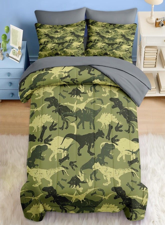 Pamnest Comforter Set Queen Size, Camouflage Dino Dinosaur 7 Pcs Bedding for Kids and Adults, Cute Funny Green Bed Sheet Sets with Fitted Sheet 2 Pillowcases & 2 Shams for Bedroom Bed Decor - Image 1