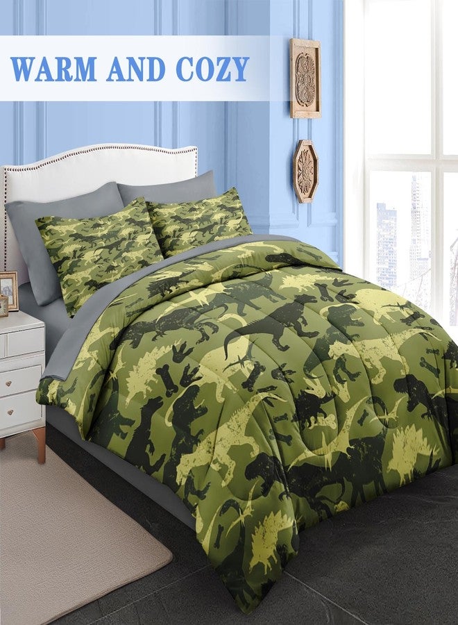 Pamnest Comforter Set Queen Size, Camouflage Dino Dinosaur 7 Pcs Bedding for Kids and Adults, Cute Funny Green Bed Sheet Sets with Fitted Sheet 2 Pillowcases & 2 Shams for Bedroom Bed Decor - Image 2