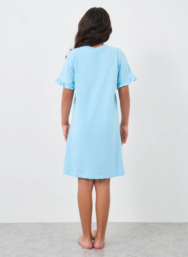 Styli Styli Girls Blue Rapunzel Graphic Print Ruffle Trim Nightdress