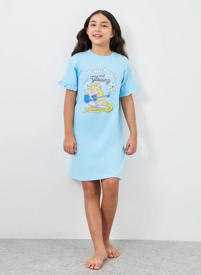 ستايلي Styli Girls Blue Rapunzel Graphic Print Ruffle Trim Nightdress