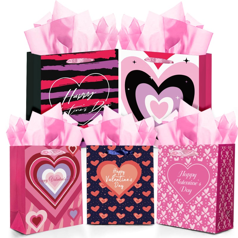 qiqee Heart Valentine Gift Bag with Tissue Paper Assorted Present Wrap Bags for Women Girlfriend Classroom Happy Valentine's Day (3 PCS Medium +2 PCS Large) - Image 1
