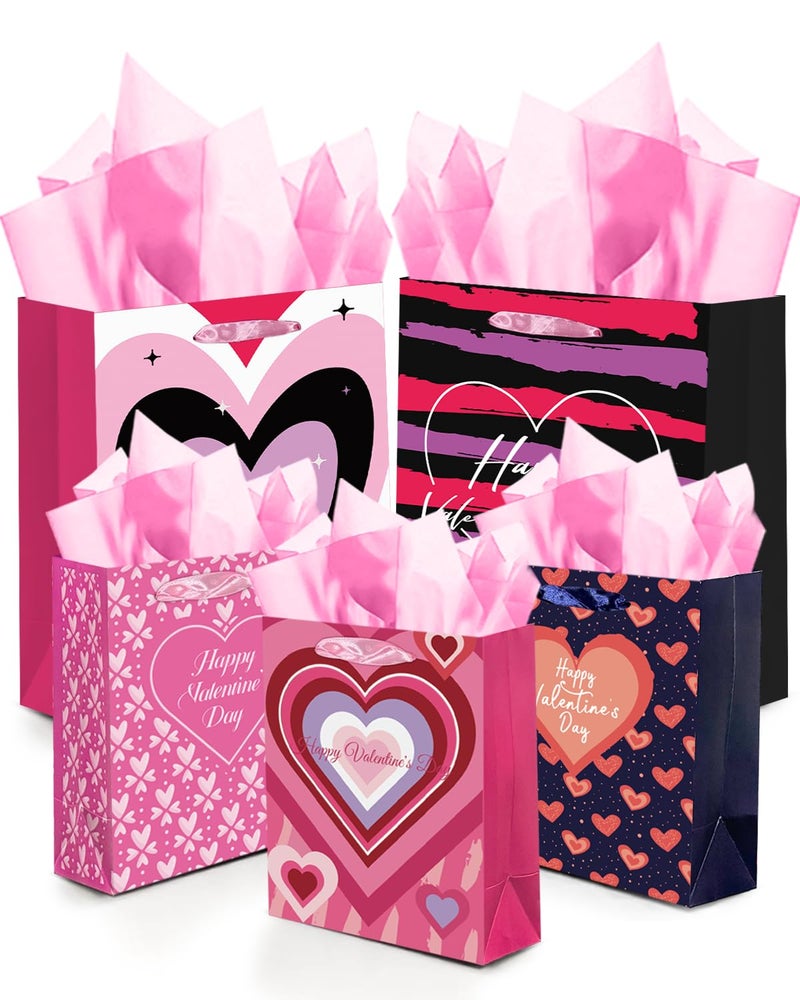 qiqee Heart Valentine Gift Bag with Tissue Paper Assorted Present Wrap Bags for Women Girlfriend Classroom Happy Valentine's Day (3 PCS Medium +2 PCS Large) - Image 2