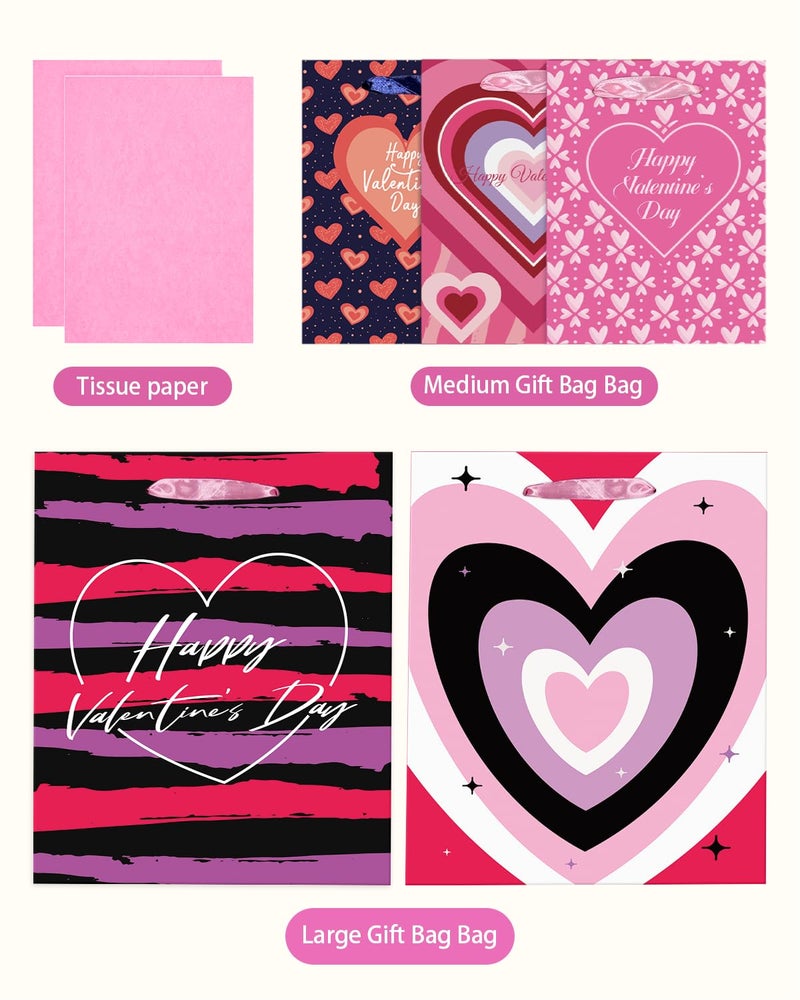 qiqee Heart Valentine Gift Bag with Tissue Paper Assorted Present Wrap Bags for Women Girlfriend Classroom Happy Valentine's Day (3 PCS Medium +2 PCS Large) - Image 5
