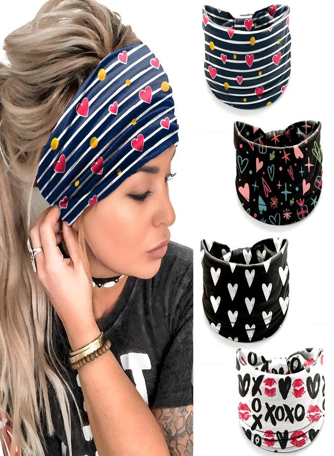winthrop 4 Pcs Valentine's Day Headbands for Women, Black White Wide Turban Dress Up Costume Breathable Stretchy Non Slip Head Wrap, Love Heart Pattern Holiday Fall Winter Hair Band for Yoga Running Party - Image 1
