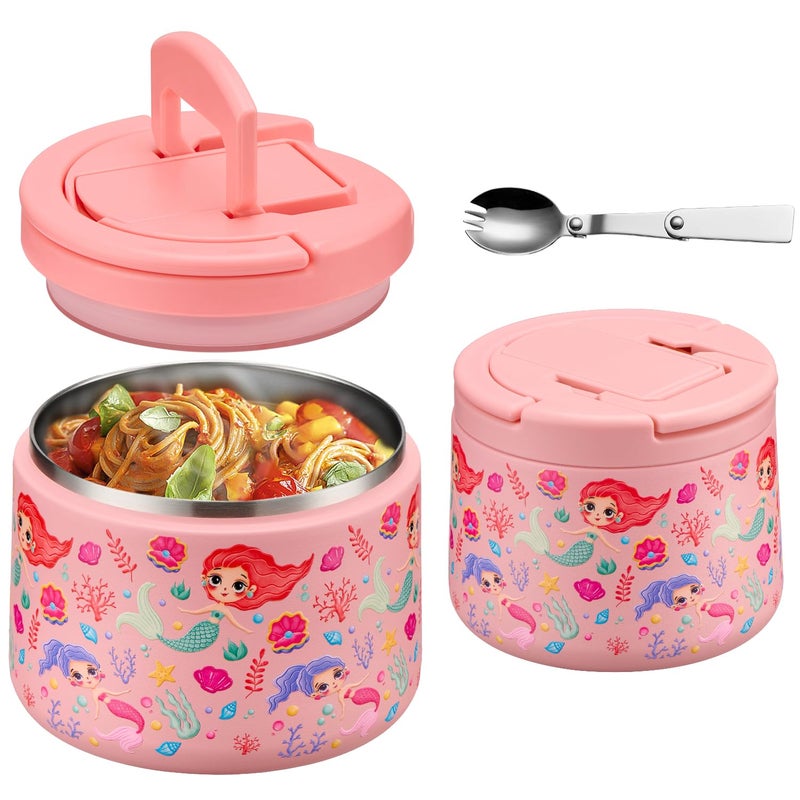 14oz Insulated Vacuum Food Jar with Buckle LidSoup Thermo for Hot Food KidsWide Mouth Leakproof Stainless Steel Lunch Container with SpoonMermaid