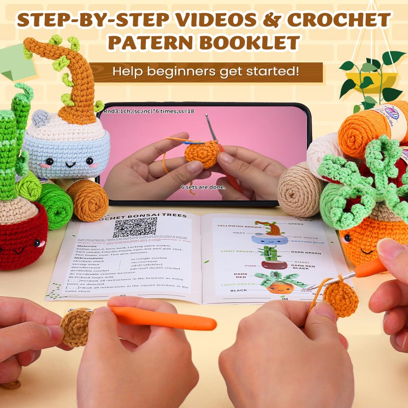 Crochetta طقم كروشيه كروشيتي للمبتدئين، أطقم كروشيه للمبتدئين للبالغين مع دروس فيديو خطوة بخطوة، مستلزمات هوايات الحياكة والكروشيه، شجرة بونساي أميغورومي (40%+ خيوط)  - Image 4