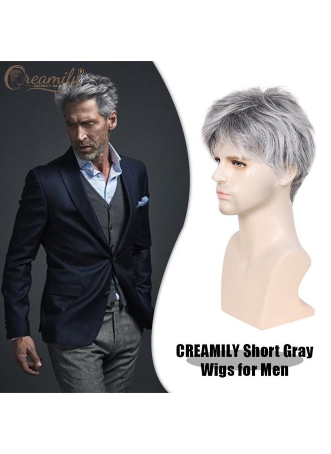 creamily - Mens Wigs Short Hair Synthetic Layered Full Wigs for Men Short Grey Hair Replacement Wig Realistic Cosplay Costume Wig with Toupee Cap - Image 1