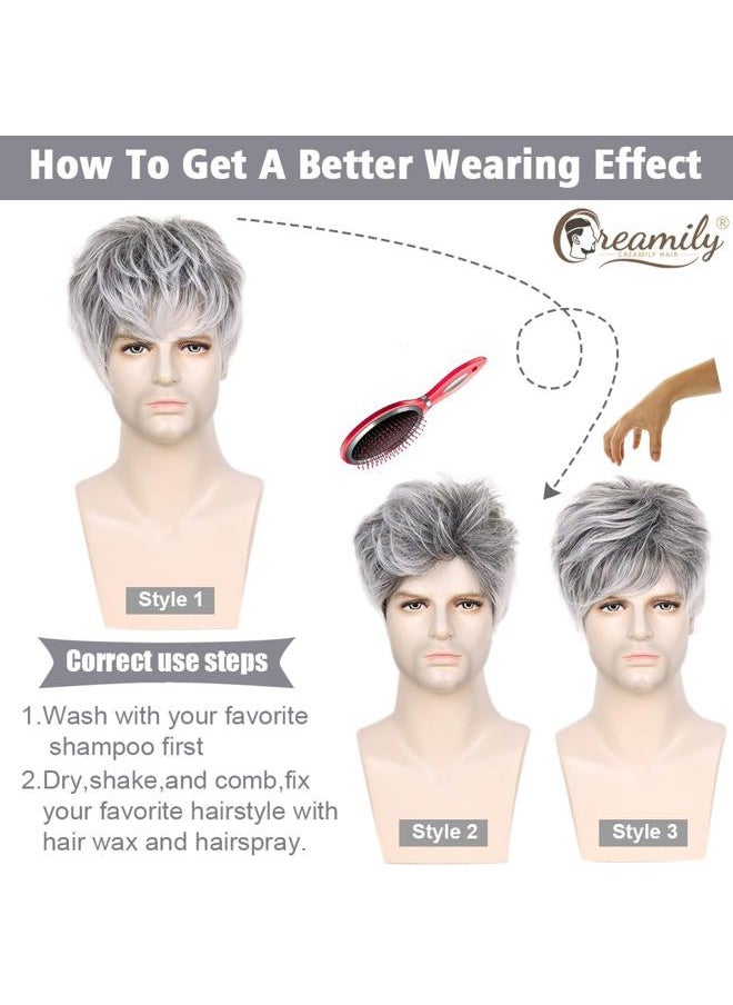 creamily - Mens Wigs Short Hair Synthetic Layered Full Wigs for Men Short Grey Hair Replacement Wig Realistic Cosplay Costume Wig with Toupee Cap - Image 1