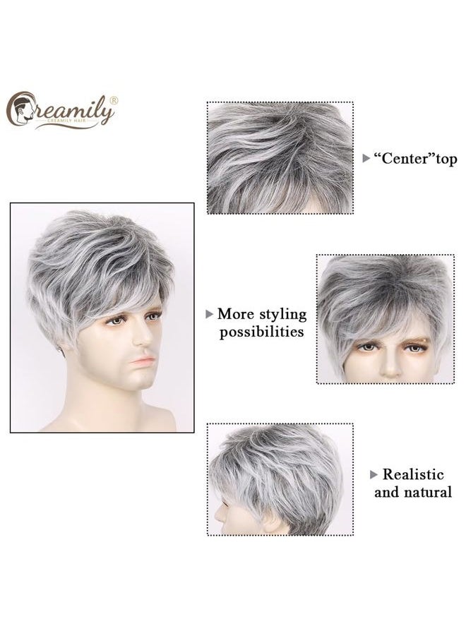 creamily - Mens Wigs Short Hair Synthetic Layered Full Wigs for Men Short Grey Hair Replacement Wig Realistic Cosplay Costume Wig with Toupee Cap - Image 1