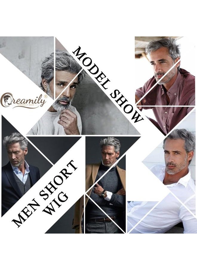 creamily - Mens Wigs Short Hair Synthetic Layered Full Wigs for Men Short Grey Hair Replacement Wig Realistic Cosplay Costume Wig with Toupee Cap - Image 1