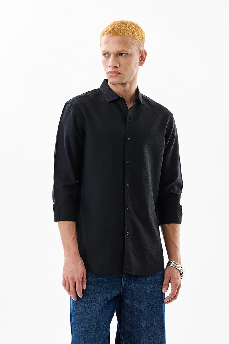 سنيتش Black Textured Long Sleeve Slim Fit Luxe Shirt