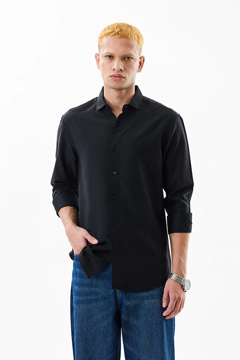 سنيتش Black Textured Long Sleeve Slim Fit Luxe Shirt