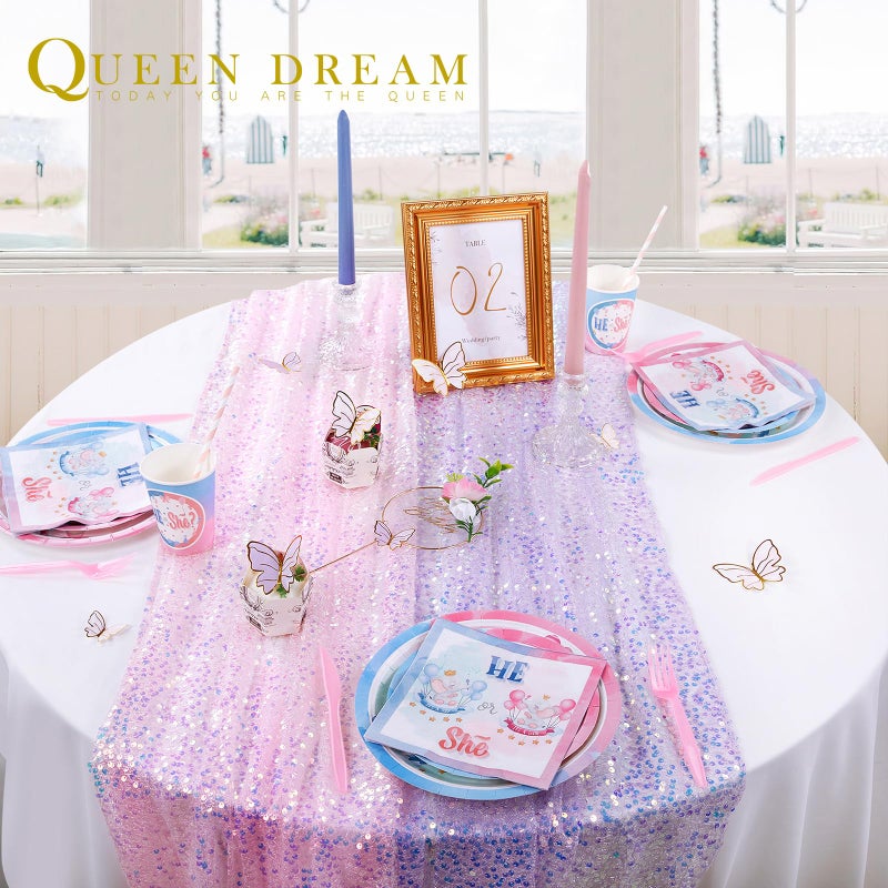 QueenDream Sequin Iridescent Table Runner 25x120 Inches Purple Table Runners Sparkly Lavender Fabric Mermaid Party Decorations - Image 3