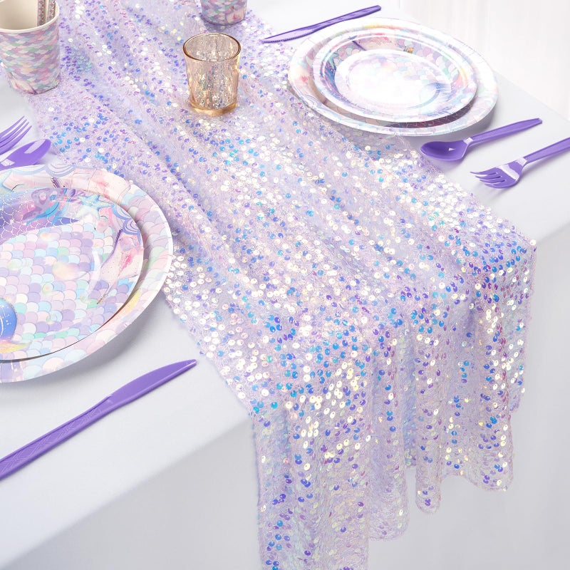 QueenDream Sequin Iridescent Table Runner 25x120 Inches Purple Table Runners Sparkly Lavender Fabric Mermaid Party Decorations - Image 1