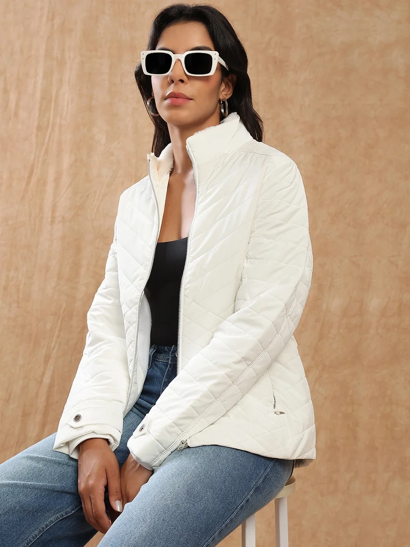 globus Globus Women White Mock Neck Front Zip 2 Pockets Winter Wear Insulator Puffer Jacket