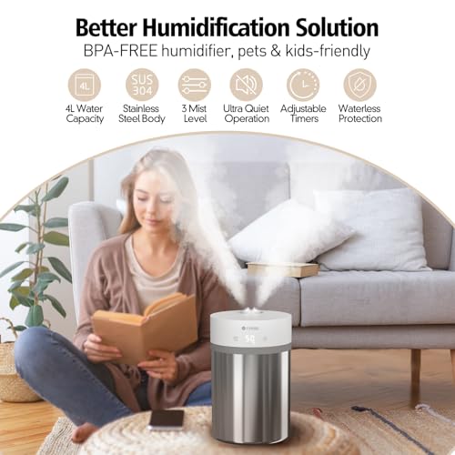 RIMOO Stainless Steel Humidifier, 4L Ultrasonic Cool Mist Humidifiers with Only 3 Parts Easy to Clean, Top Fill Humidifier with 1-9H Timer, 28dB Whisper-Quiet, Filterless for Bedroom Large Room - Image 2
