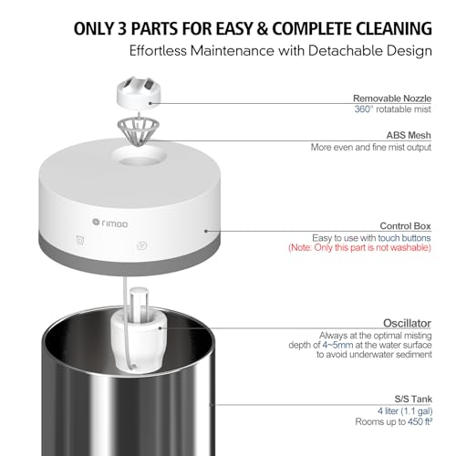 RIMOO Stainless Steel Humidifier, 4L Ultrasonic Cool Mist Humidifiers with Only 3 Parts Easy to Clean, Top Fill Humidifier with 1-9H Timer, 28dB Whisper-Quiet, Filterless for Bedroom Large Room - Image 4