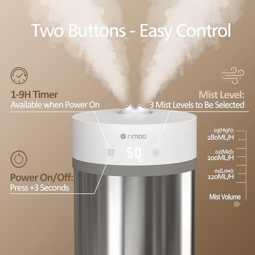 RIMOO Stainless Steel Humidifier, 4L Ultrasonic Cool Mist Humidifiers with Only 3 Parts Easy to Clean, Top Fill Humidifier with 1-9H Timer, 28dB Whisper-Quiet, Filterless for Bedroom Large Room - Image 3