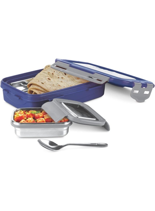 Milton Steel Flat Insulated Inner Stainless Steel Tiffin Box, Assorted Colors 700 Ml, With Inner Stainless Steel Container, 170 Ml And Spoon - Image 1