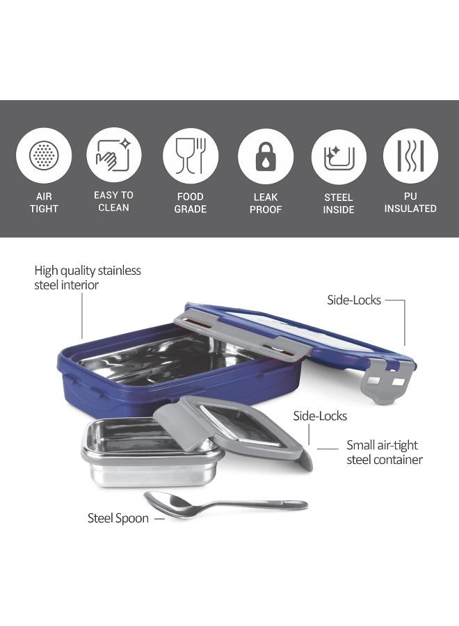 Milton Steel Flat Insulated Inner Stainless Steel Tiffin Box, Assorted Colors 700 Ml, With Inner Stainless Steel Container, 170 Ml And Spoon - Image 3