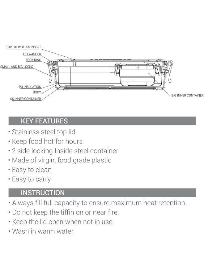 Milton Steel Flat Insulated Inner Stainless Steel Tiffin Box, Assorted Colors 700 Ml, With Inner Stainless Steel Container, 170 Ml And Spoon - Image 5