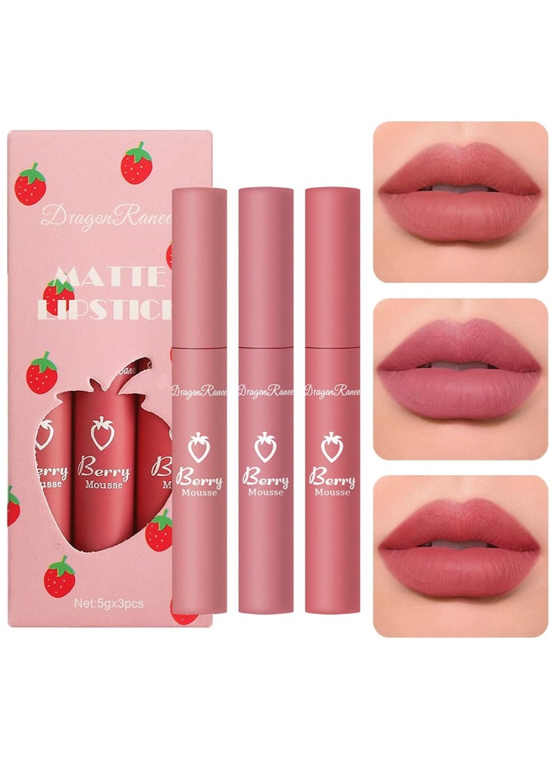 Dragon Ranee 3 Piece Nude Matte Lipstick Set - Velvet Smooth & Moisturizing Long Lasting Lip Crayon, Waterproof Lip Gloss for Women, Natural Nude Lip Stain Makeup - Image 1