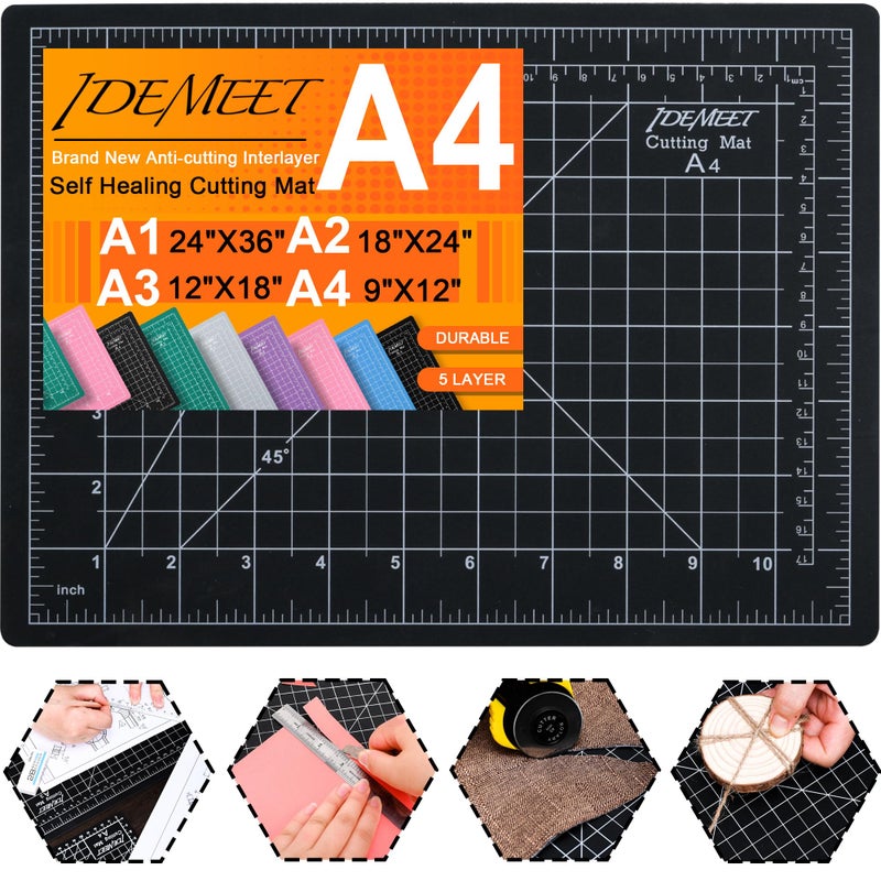 Densityupgraded 9x12 Self Healing Cutting Mat Idemeet Rotary Sewing Mat for Crafts 5Ply Blade Table Protector Cut Board for Fabric Leather Cutting Quilting Modeling Hobby Project A4 Black