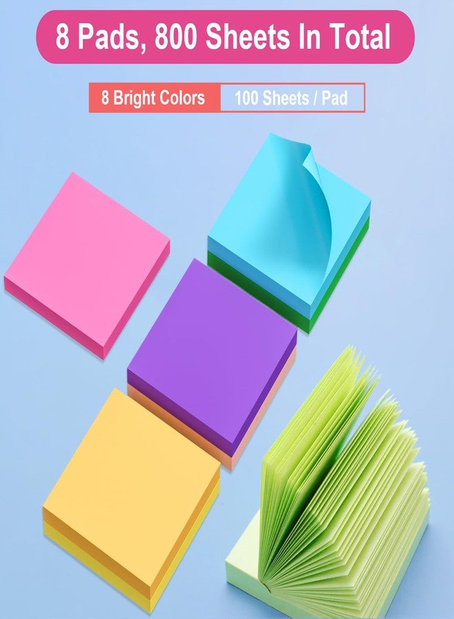 AUYAARS Sticky Notes 3x3 Inch, 8 Pads, 800 Sheets, 8 Bright Colors Self-Stick Notes Pads, Strong Adhesive for Office, Home, School Supplies, Notebooks, Bulk Sticky Note, 100 Sheets/Pad - Image 2
