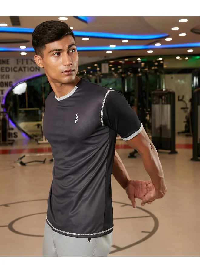 Campus Sutra CS Life Men's Charcoal Grey Geometric Activewear T-Shirt For Casual Wear | Crew Neck | Short Sleeve | Anti-Odor | Dri-Fit | Jersey T-Shirt Crafted With Comfort Fit & High-Performance
