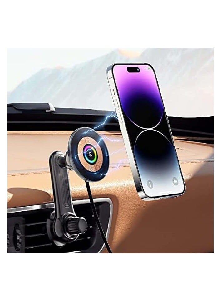 erorex Car Mount Charger for MagSafe, 360° Adjustable Magnetic Wireless Car Charger with RGB Light, Air Vent Magnetic Phone Holder Charger for iPhone 14 13 12 Series (with Car Adapter)  - Image 1